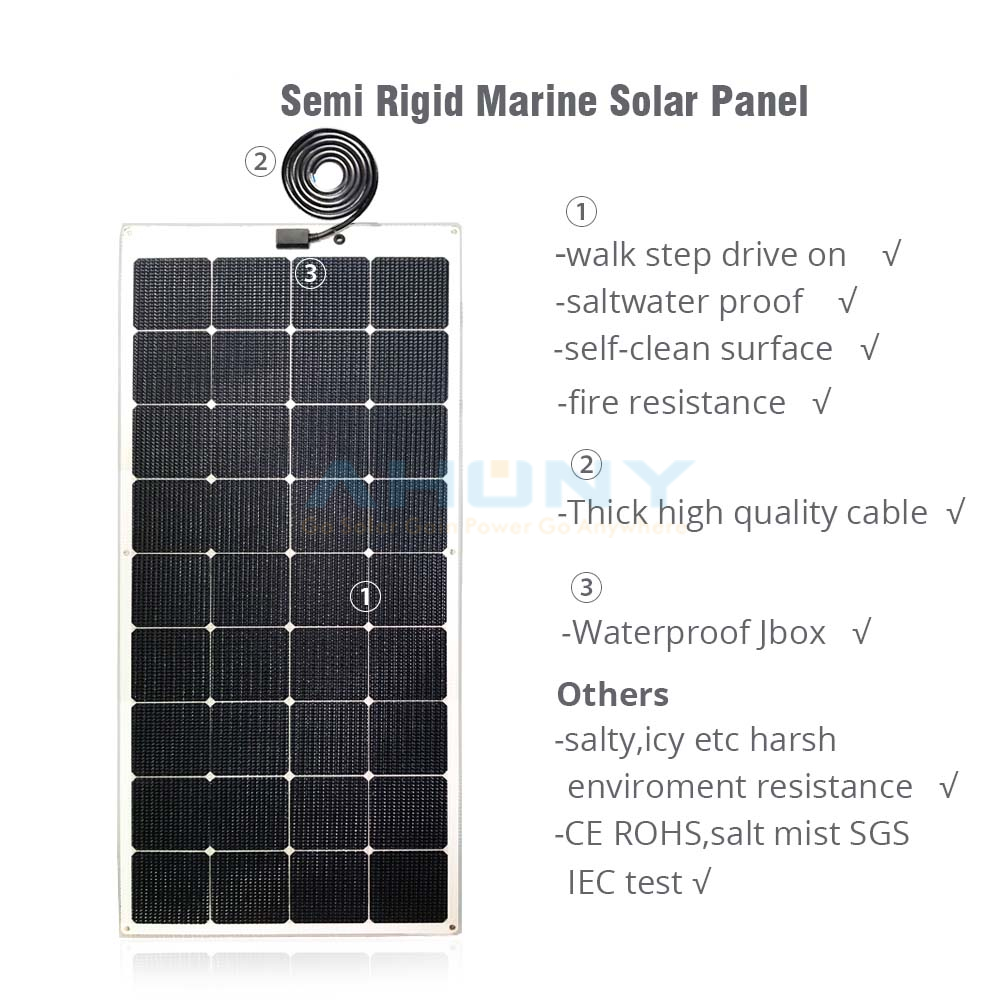 130w Lightweight semi rigid flexible solar panel for marine boat rv camping