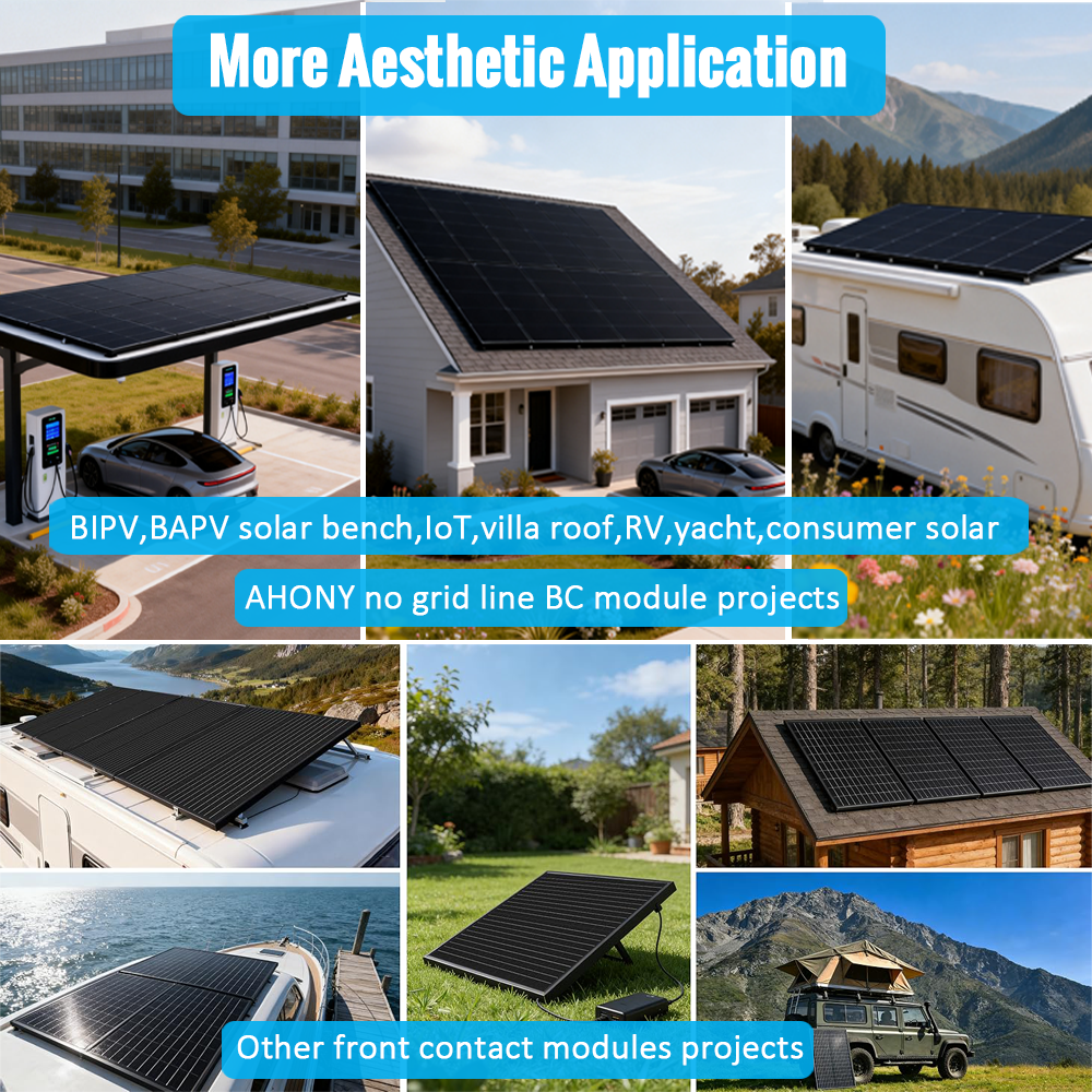 100w back contact solar panels aesthetics high efficiency cell pv module Shade tolerant Anti-hotspot density for Luxury residential houses roof BIPV IoT smart city cabin rv yacht