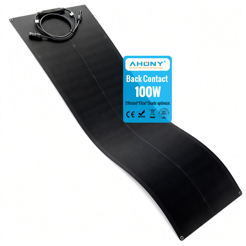 Full Black 100w Back Contact Narrow Slim Flexible Solar Panel Monocrystalline for Battery Charging ETFE Lightweight with MC4 for RV Marine Boat Camper Van Trailer Off-Grid Power